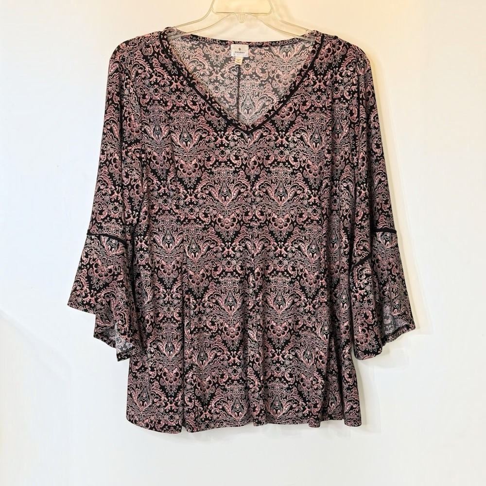 Dressbarn Pink & Black Damask Print Tunic Blouse Top 3/4 Bell Sleeves Womens 2X